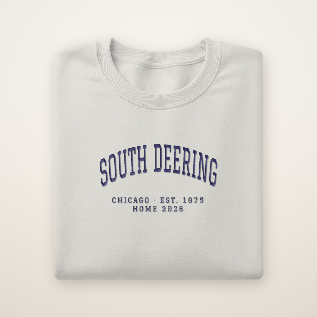 South Deering Chicago Home 2026 Embroidered Crewneck — Navy Thread on Ash