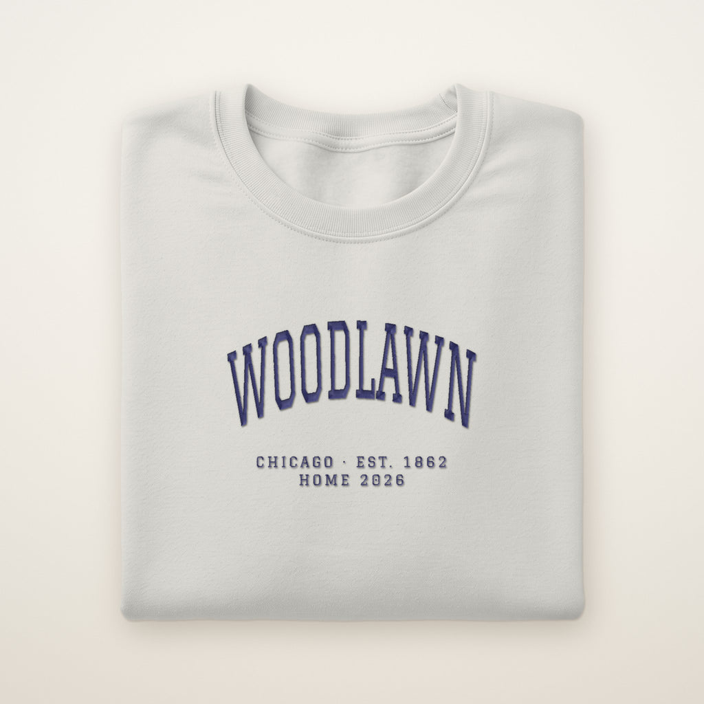 Woodlawn Chicago Home 2026 Embroidered Crewneck — Navy Thread on Ash