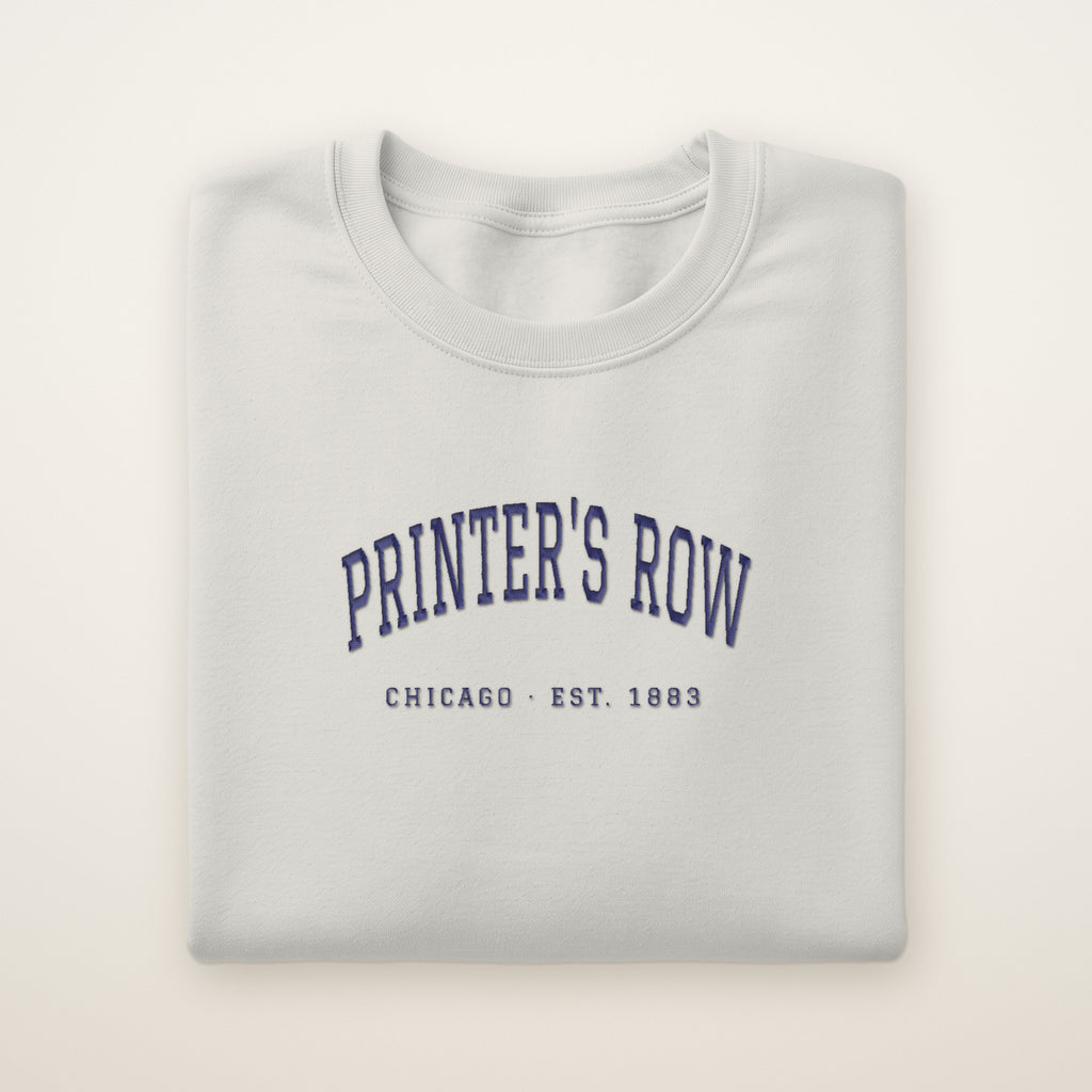 Printer's Row Chicago Embroidered Crewneck — Navy Thread on Ash