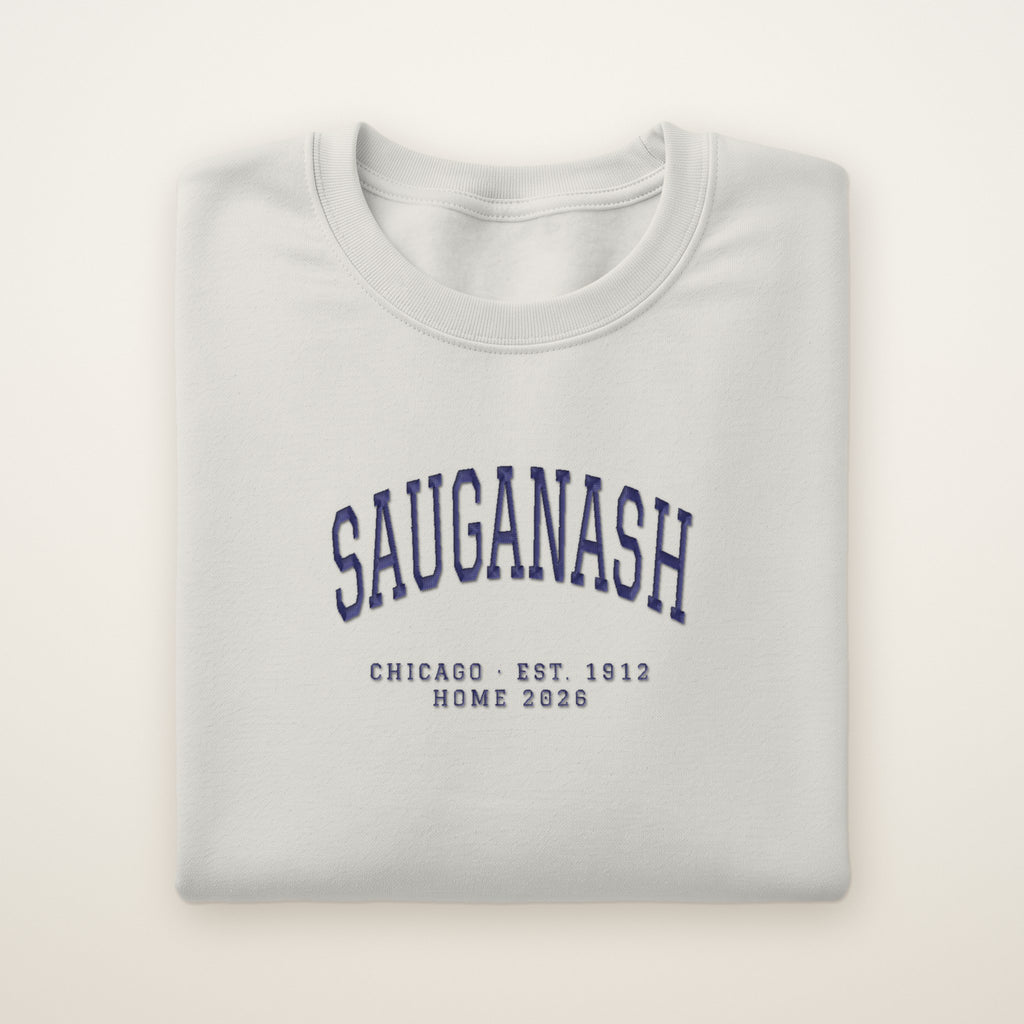 Sauganash Chicago Home 2026 Embroidered Crewneck — Navy Thread on Ash