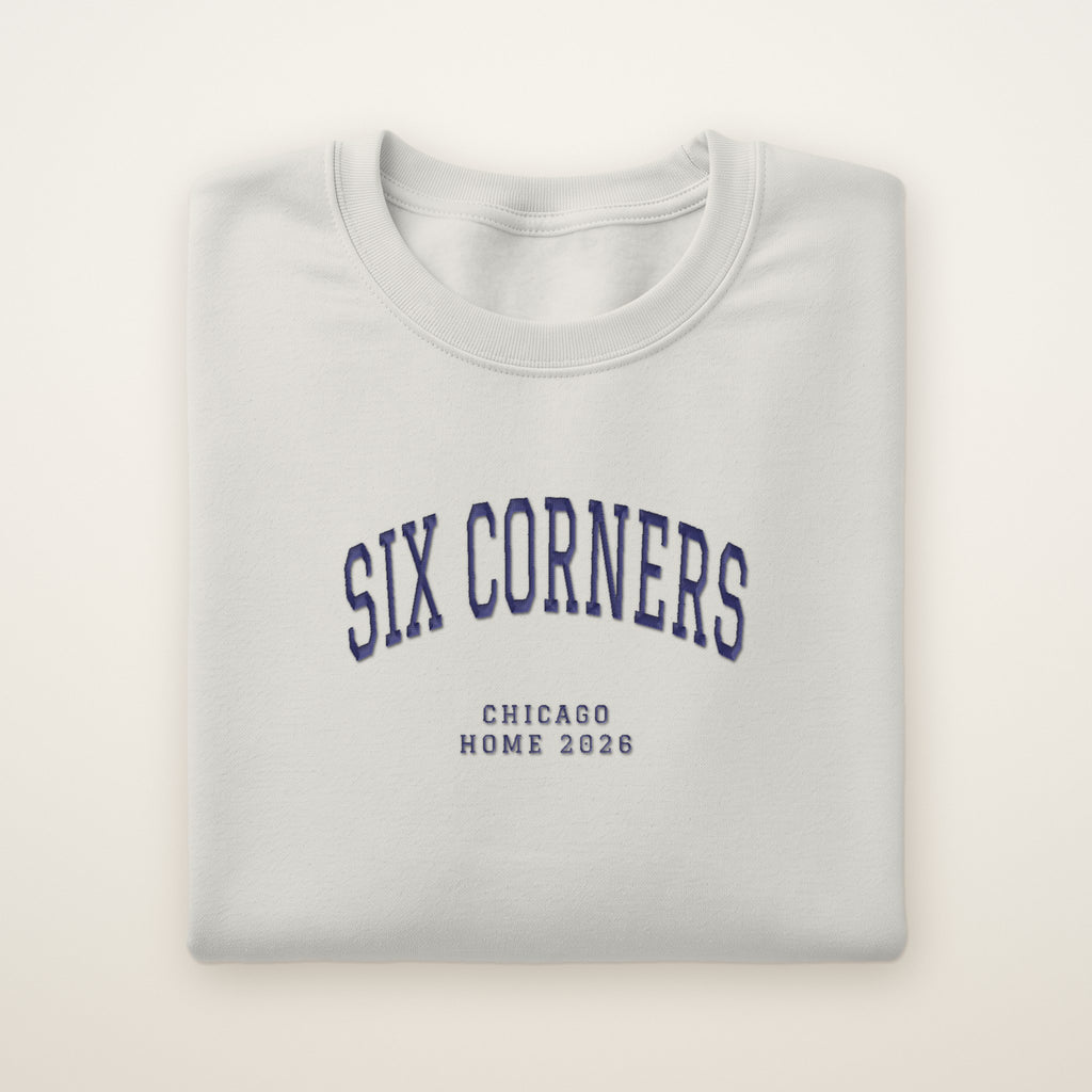 Six Corners Chicago Home 2026 Embroidered Crewneck — Navy Thread on Ash