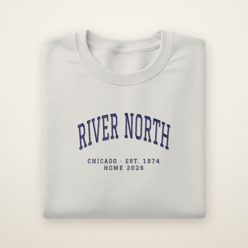 River North Chicago Home 2026 Embroidered Crewneck — Navy Thread on Ash