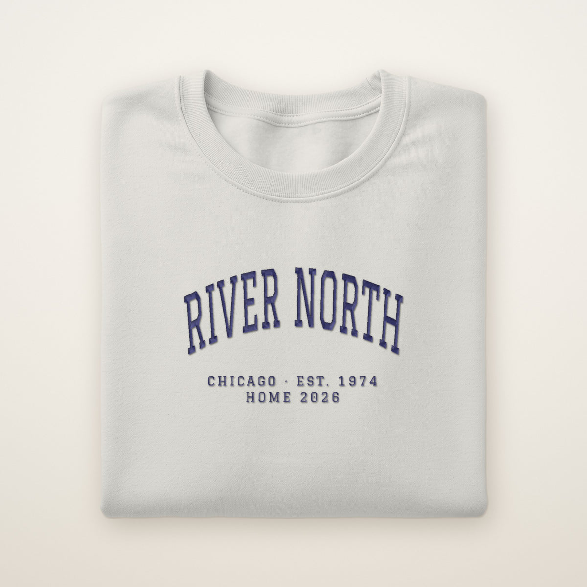 River North Chicago Home 2026 Embroidered Crewneck — Navy Thread on Ash