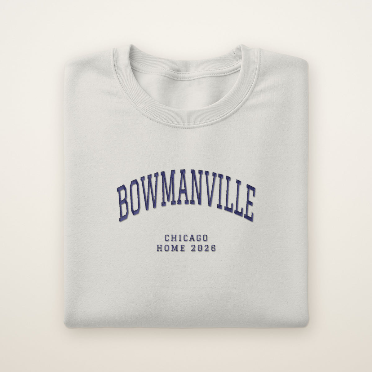Bowmanville Chicago Home 2026 Embroidered Crewneck — Navy Thread on Ash