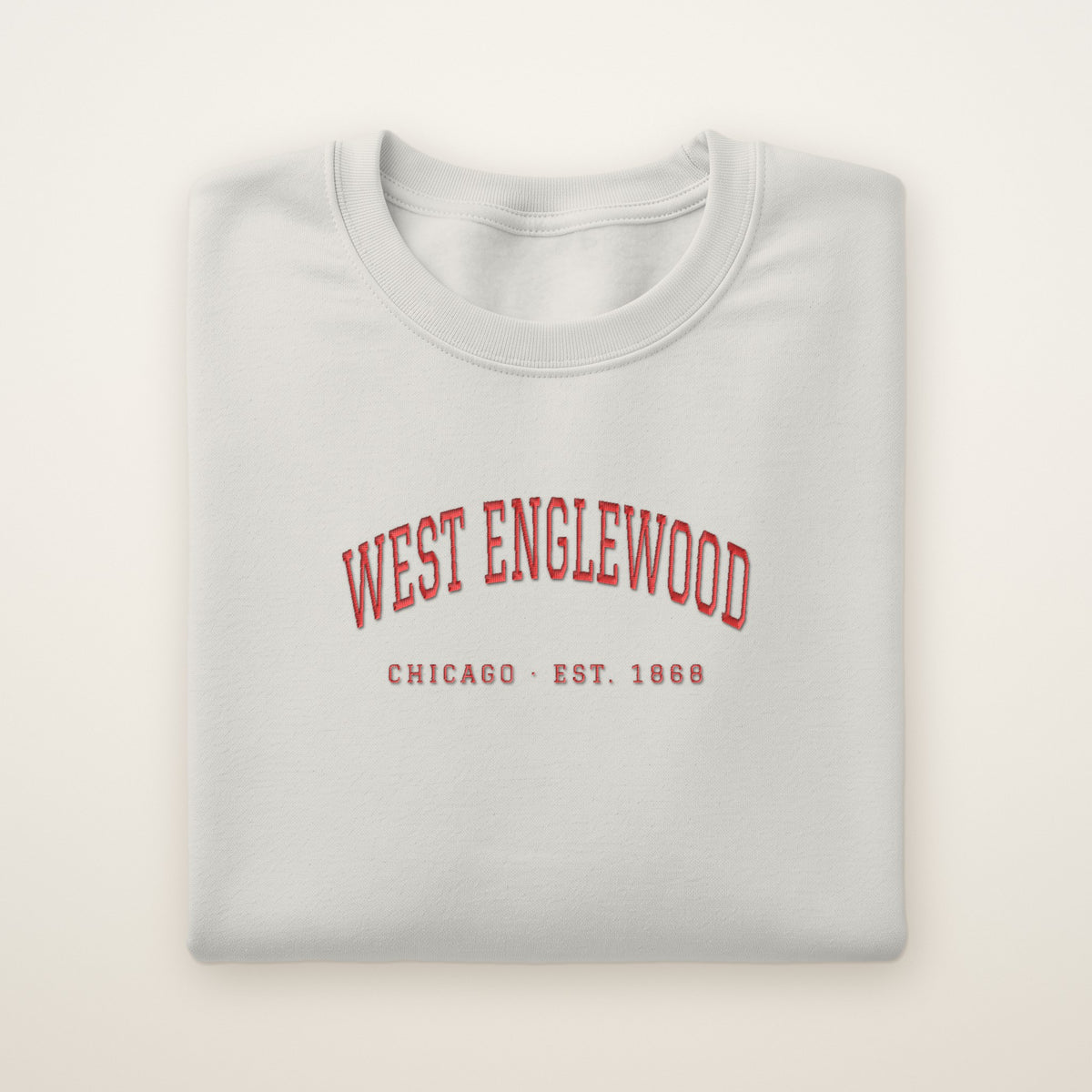 West Englewood Chicago Embroidered Crewneck — Red Thread on Ash