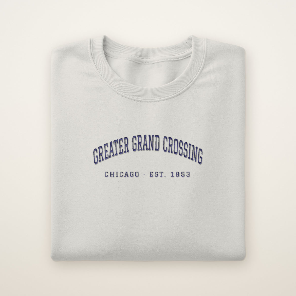 Greater Grand Crossing Chicago Embroidered Crewneck — Navy Thread on Ash