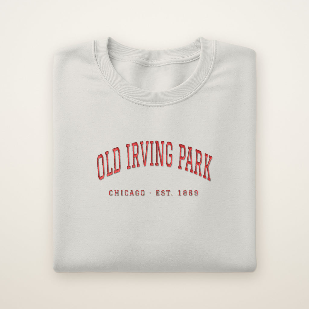 Old Irving Park Chicago Embroidered Crewneck — Red Thread on Ash