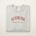 Old Irving Park Chicago Embroidered Crewneck — Red Thread on Ash