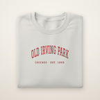 Old Irving Park Chicago Embroidered Crewneck — Red Thread on Ash