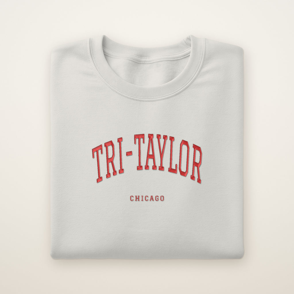 Tri-Taylor Chicago Embroidered Crewneck — Red Thread on Ash