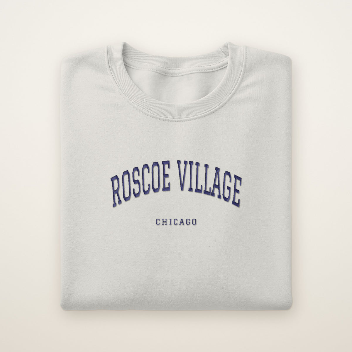 Roscoe Village Chicago Embroidered Crewneck — Navy Thread on Ash