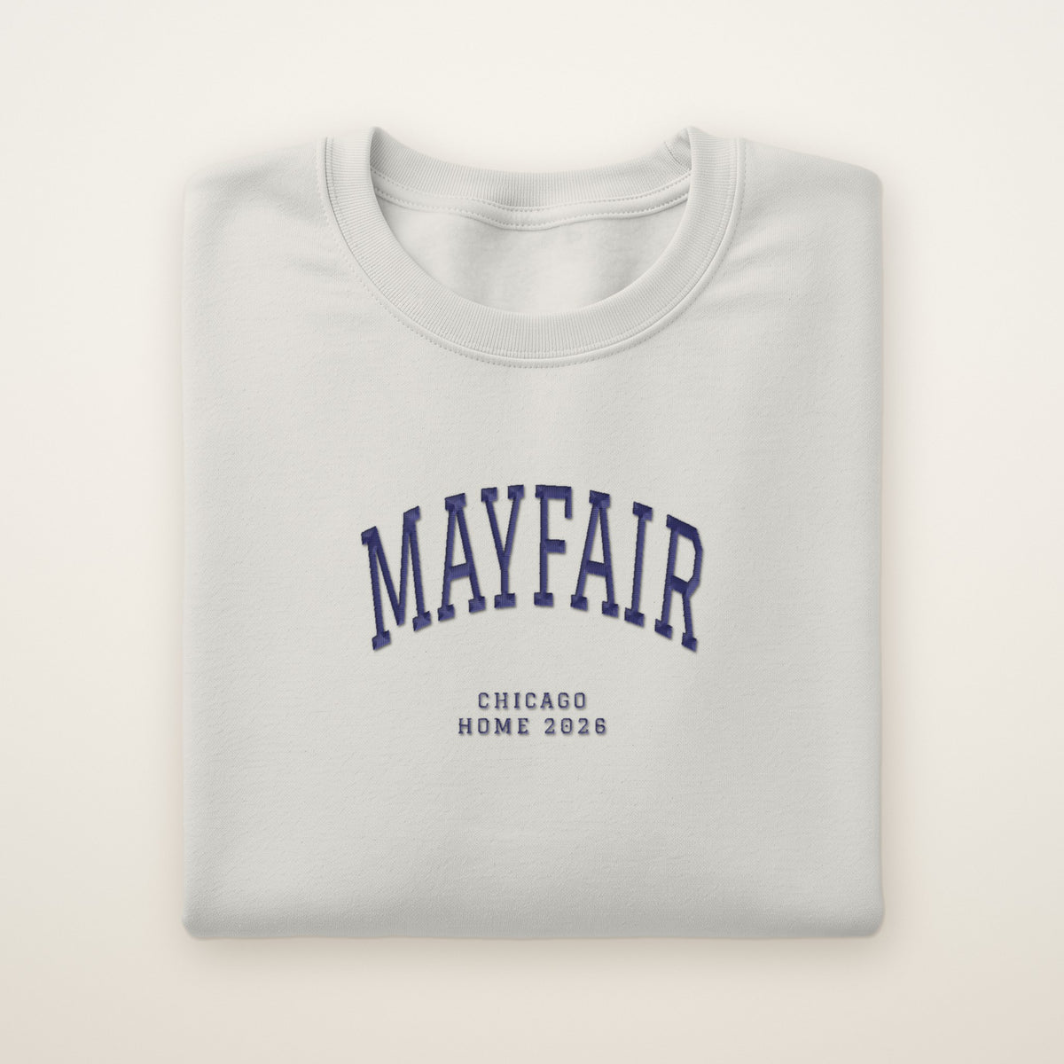Mayfair Chicago Home 2026 Embroidered Crewneck — Navy Thread on Ash