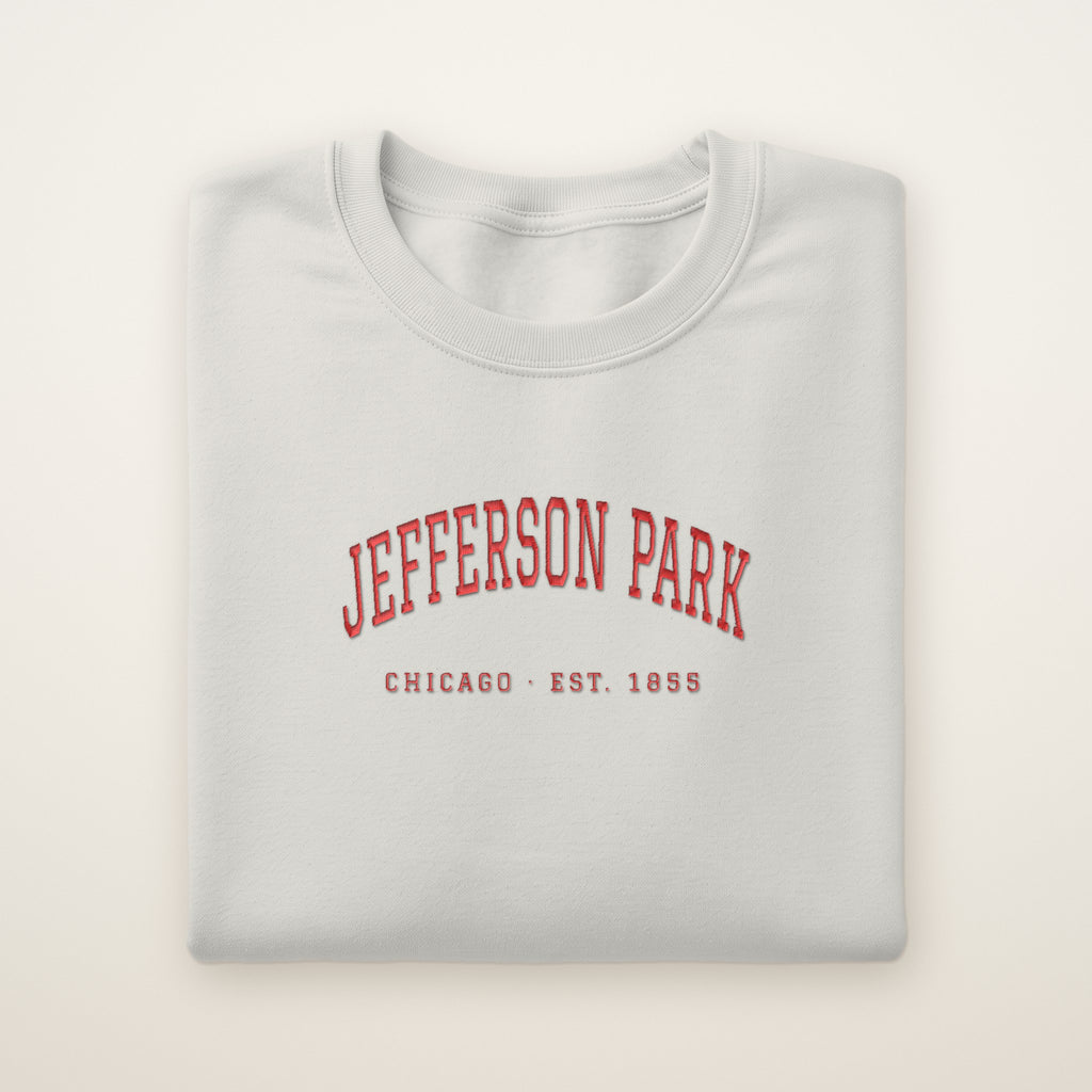 Jefferson Park Chicago Embroidered Crewneck — Red Thread on Ash