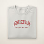 Jefferson Park Chicago Embroidered Crewneck — Red Thread on Ash