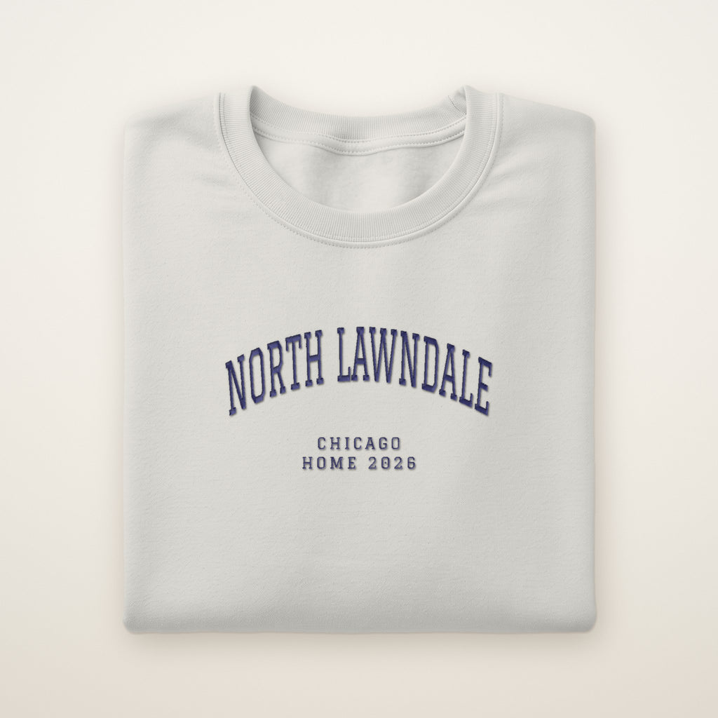 North Lawndale Chicago Home 2026 Embroidered Crewneck — Navy Thread on Ash
