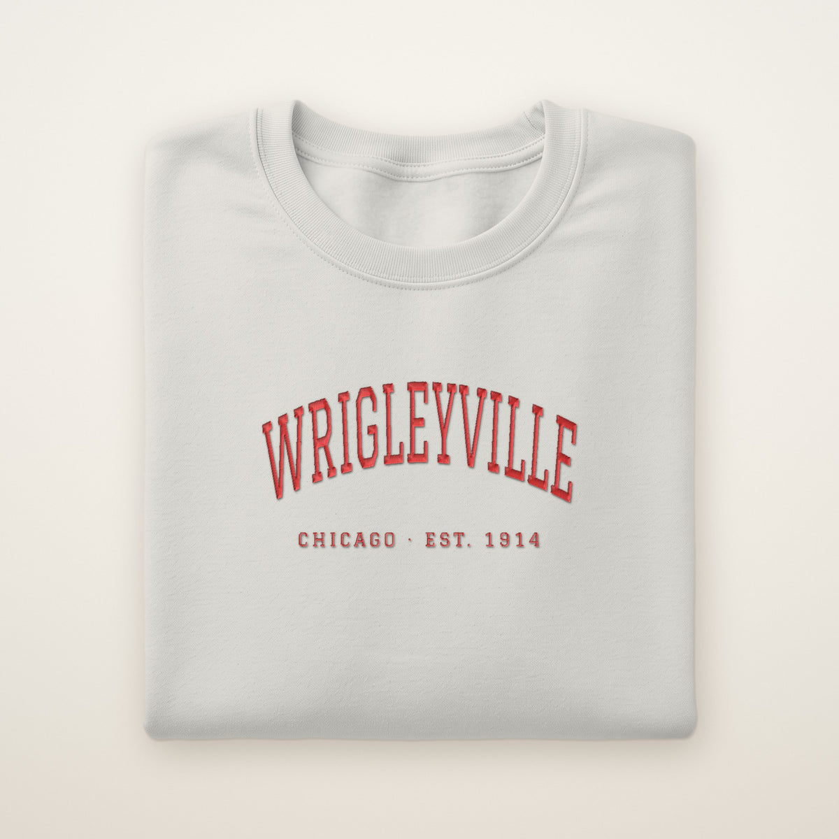 Wrigleyville Chicago Embroidered Crewneck — Red Thread on Ash