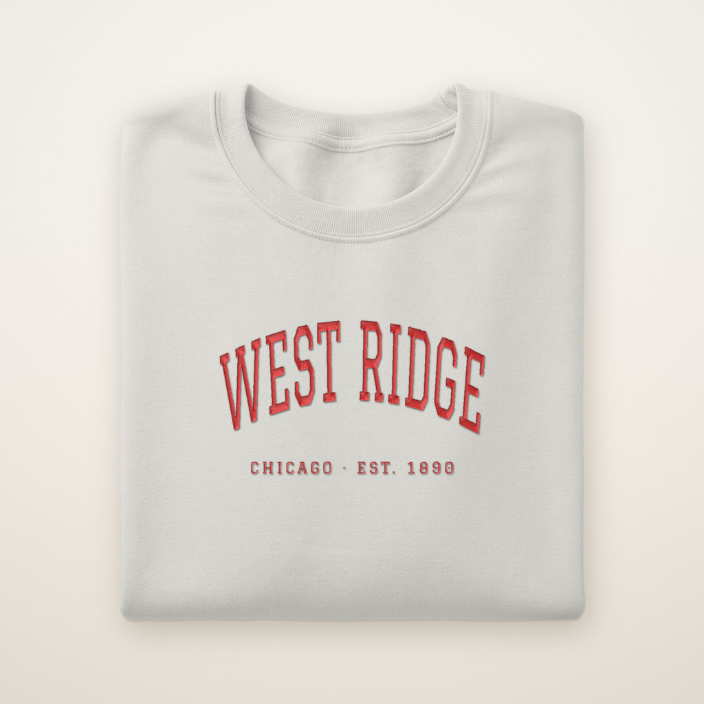 West Ridge Chicago Embroidered Crewneck — Red Thread on Ash
