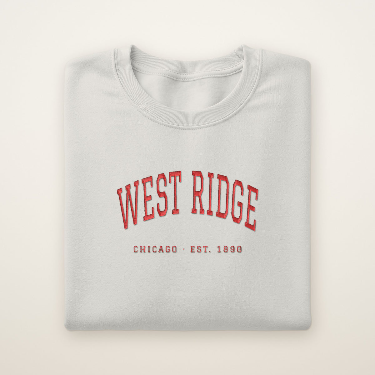 West Ridge Chicago Embroidered Crewneck — Red Thread on Ash