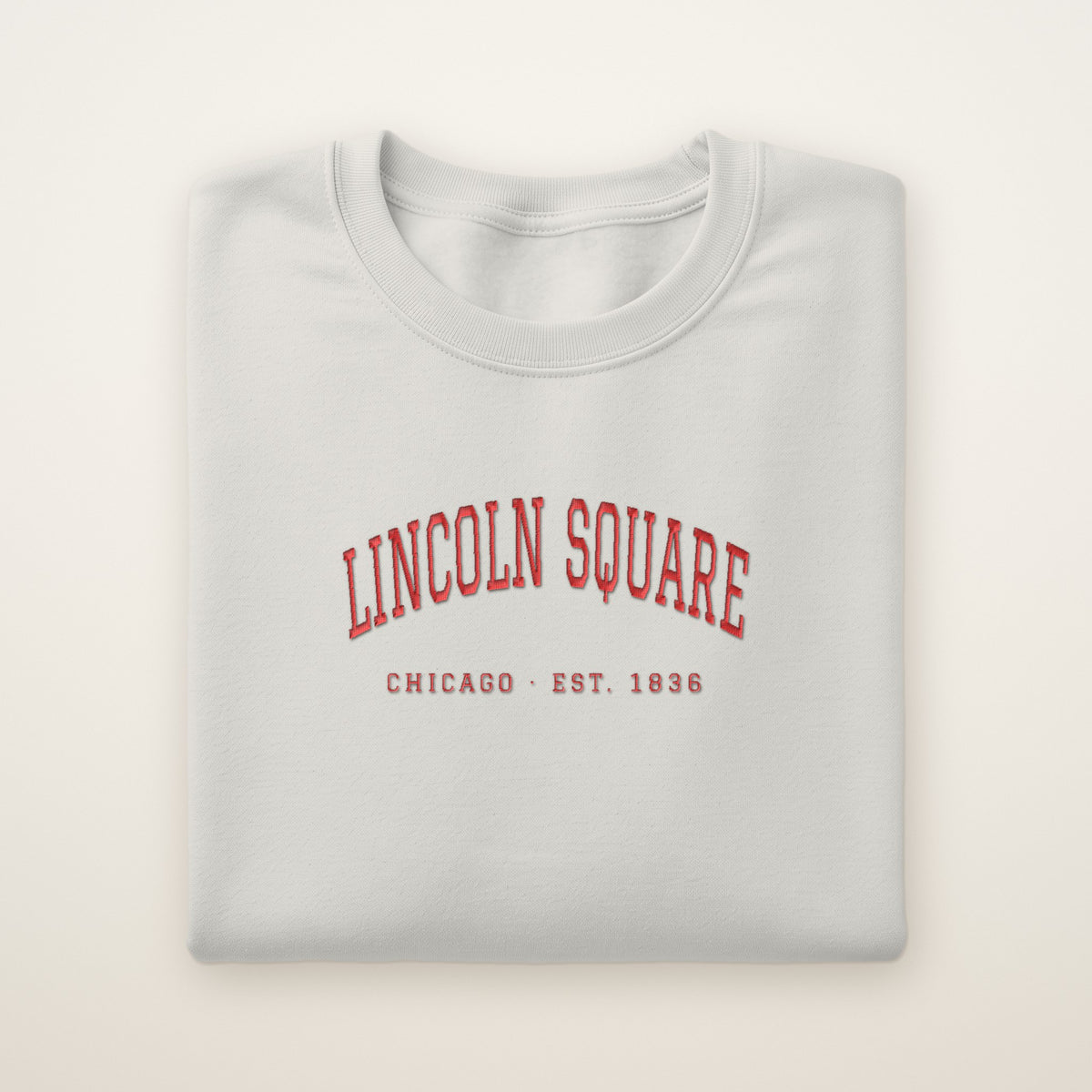 Lincoln Square Chicago Embroidered Crewneck — Red Thread on Ash