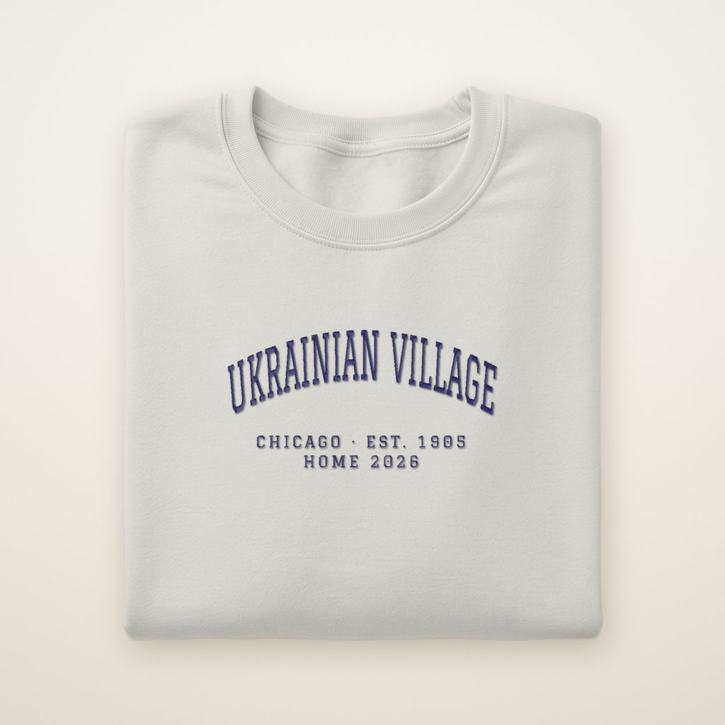 Ukrainian Village Chicago Home 2026 Embroidered Crewneck — Navy Thread on Ash