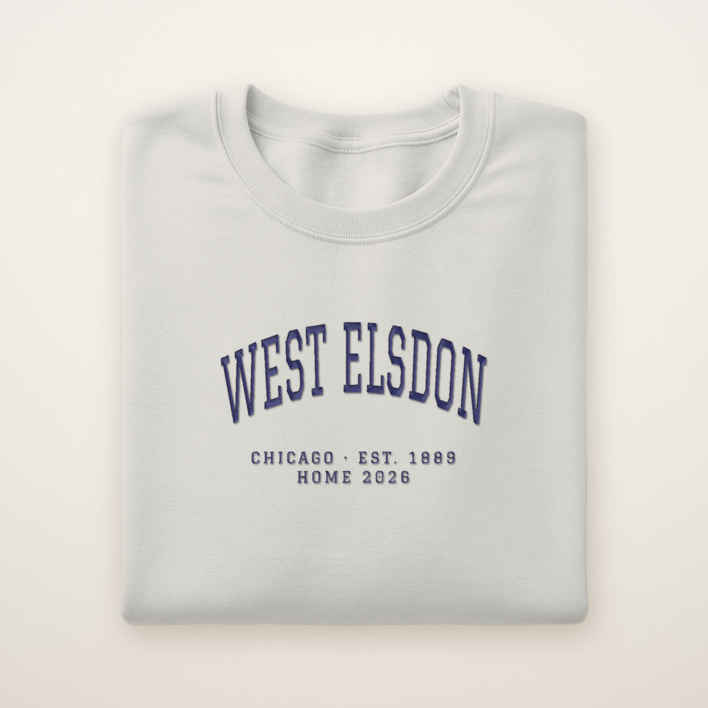 West Elsdon Chicago Home 2026 Embroidered Crewneck — Navy Thread on Ash