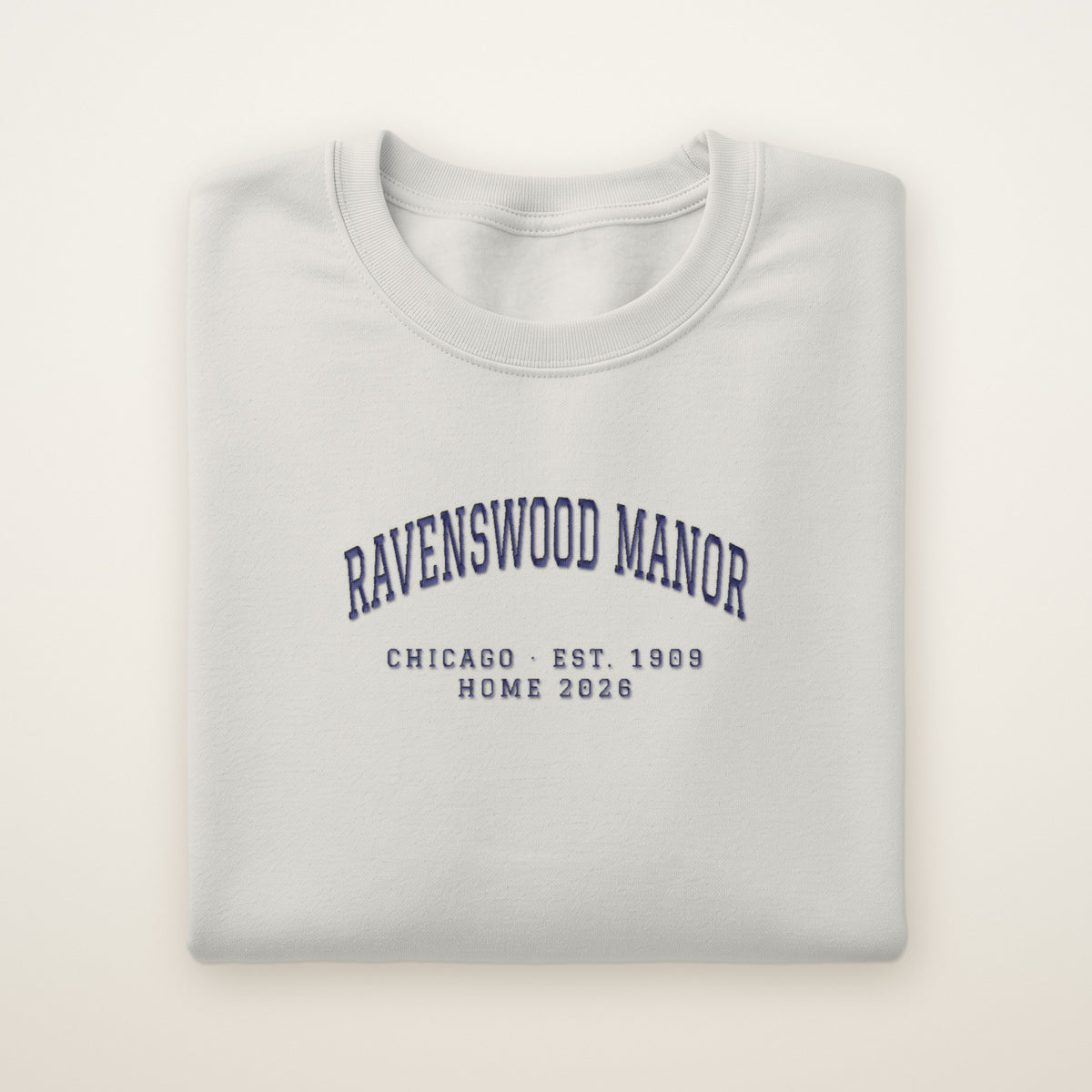 Ravenswood Manor Chicago Home 2026 Embroidered Crewneck — Navy Thread on Ash