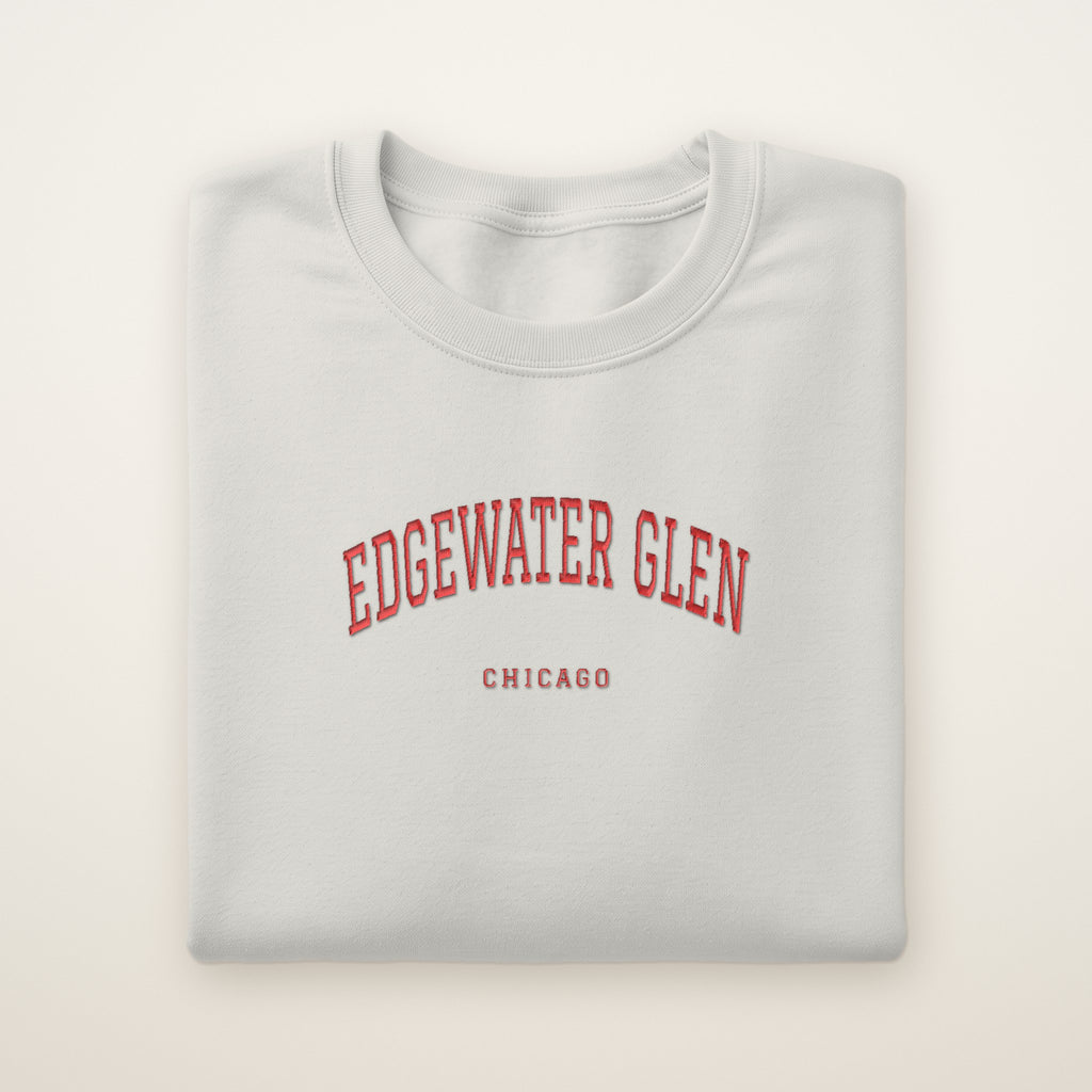 Edgewater Glen Chicago Embroidered Crewneck — Red Thread on Ash