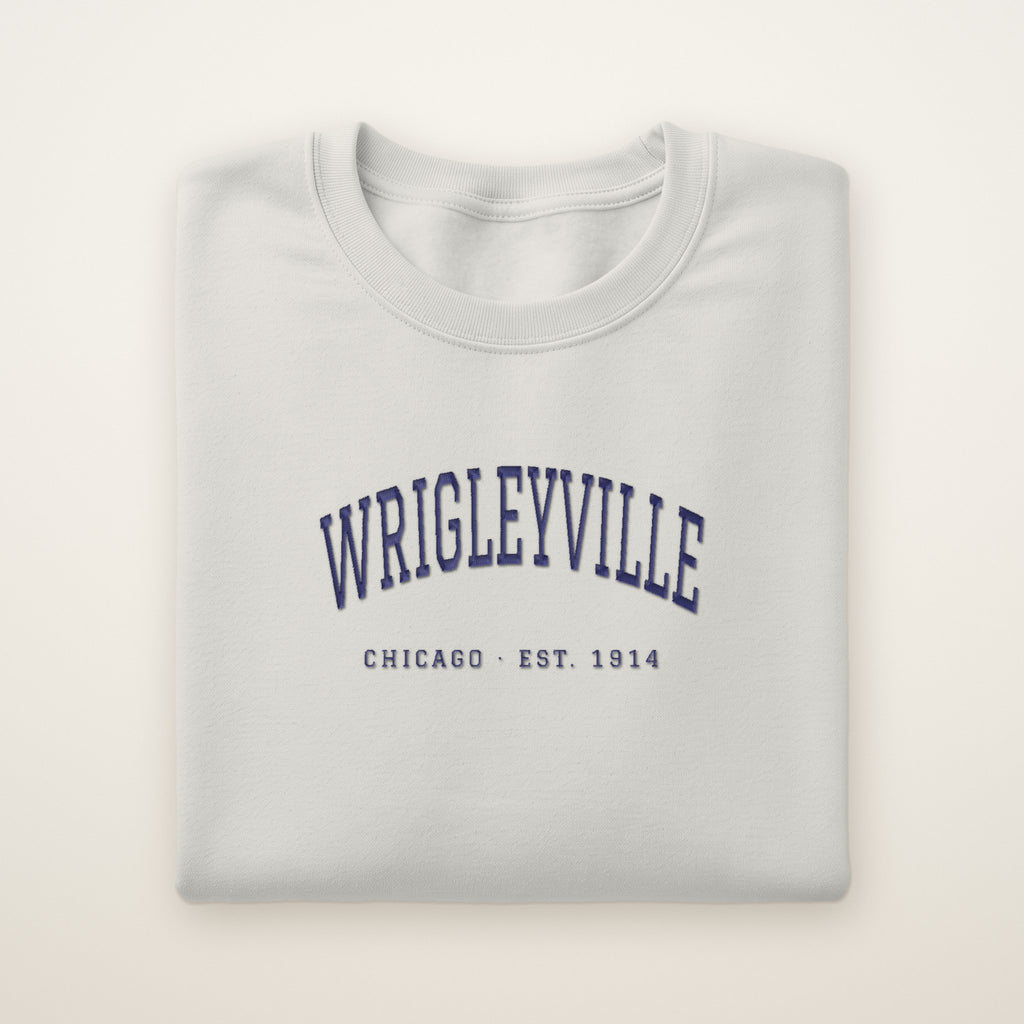 Wrigleyville Chicago Embroidered Crewneck — Navy Thread on Ash