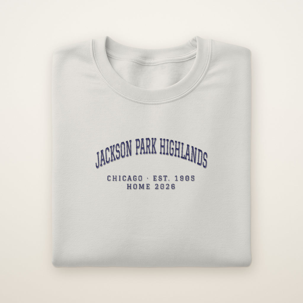 Jackson Park Highlands Chicago Home 2026 Embroidered Crewneck — Navy Thread on Ash