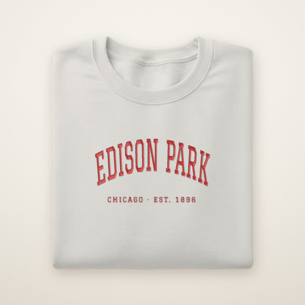 Edison Park Chicago Embroidered Crewneck — Red Thread on Ash