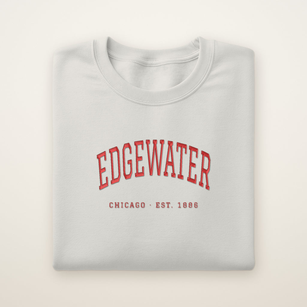 Edgewater Chicago Embroidered Crewneck — Red Thread on Ash