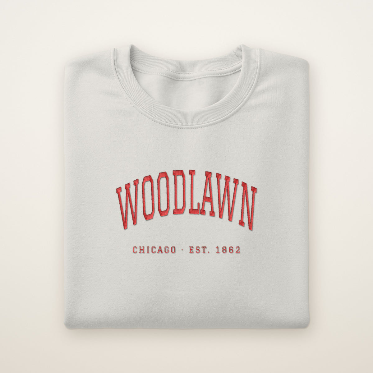 Woodlawn Chicago Embroidered Crewneck — Red Thread on Ash
