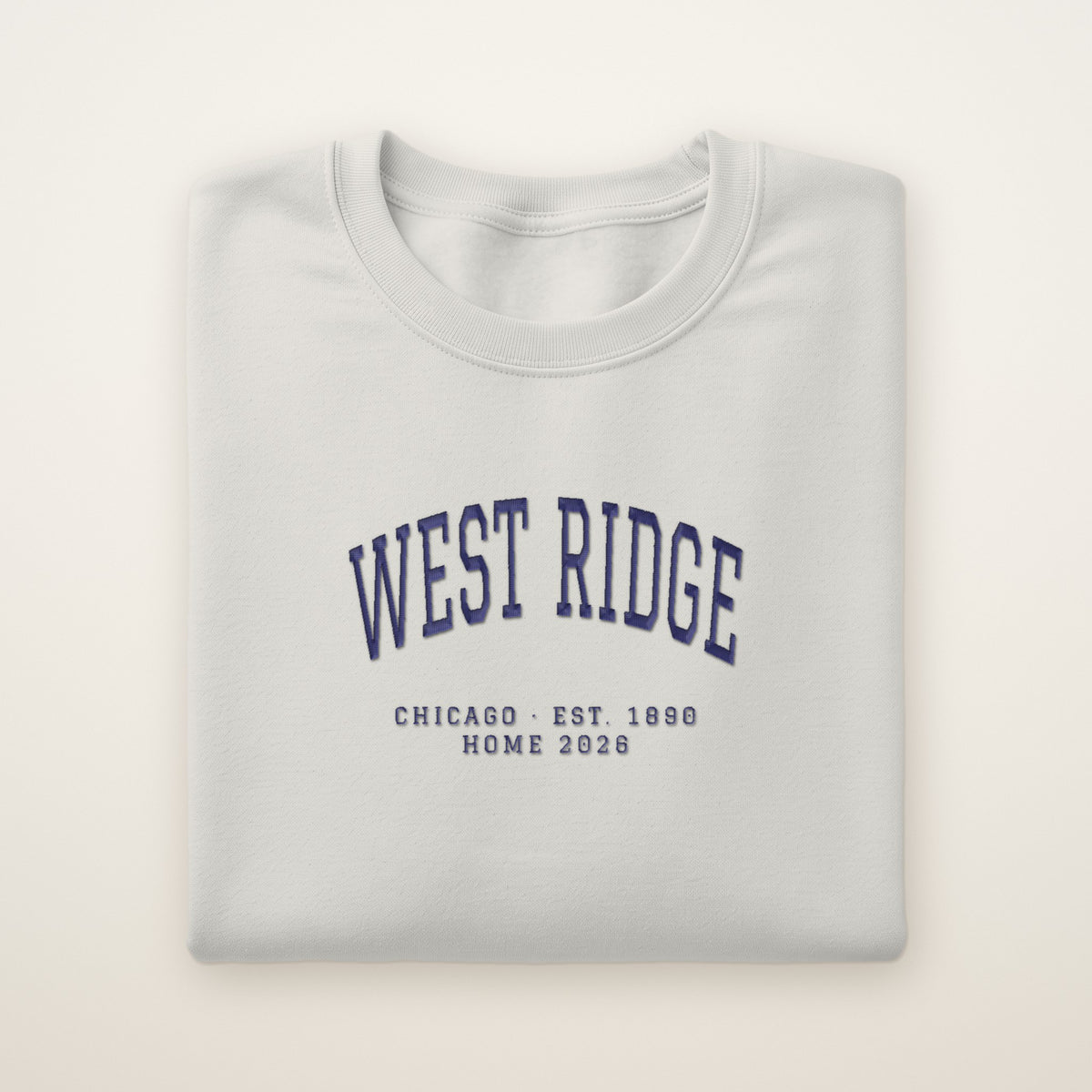 West Ridge Chicago Home 2026 Embroidered Crewneck — Navy Thread on Ash