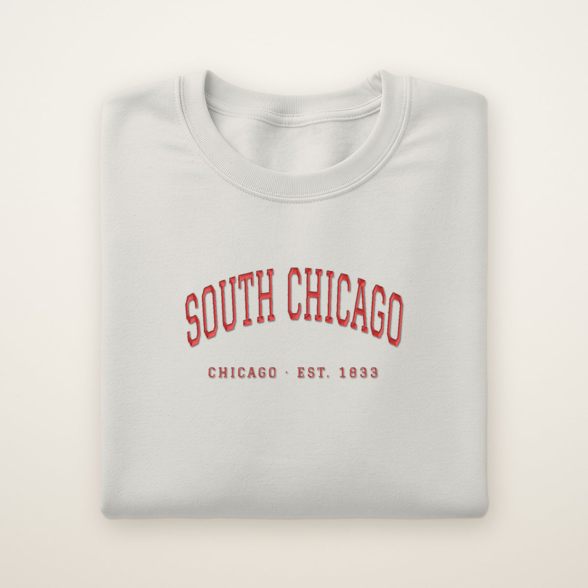 South Chicago Chicago Embroidered Crewneck — Red Thread on Ash
