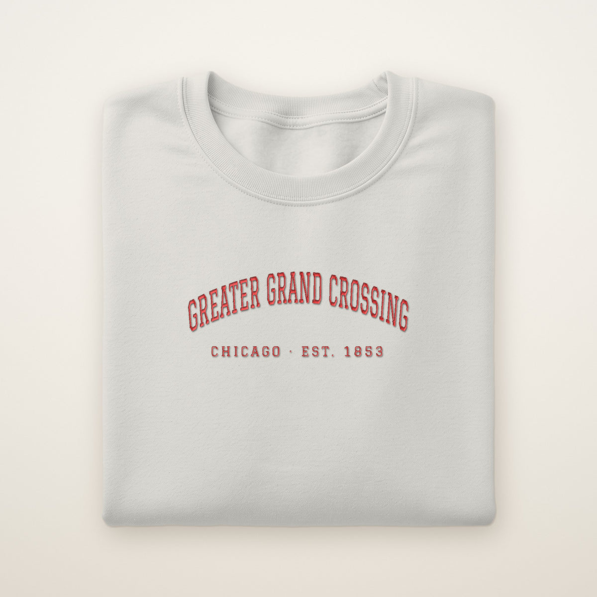Greater Grand Crossing Chicago Embroidered Crewneck — Red Thread on Ash