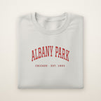 Albany Park Chicago Embroidered Crewneck — Red Thread on Ash