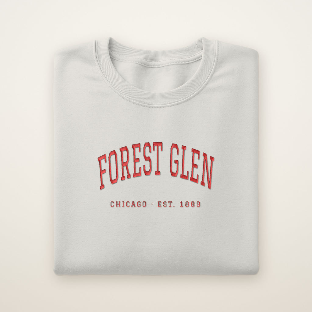 Forest Glen Chicago Embroidered Crewneck — Red Thread on Ash