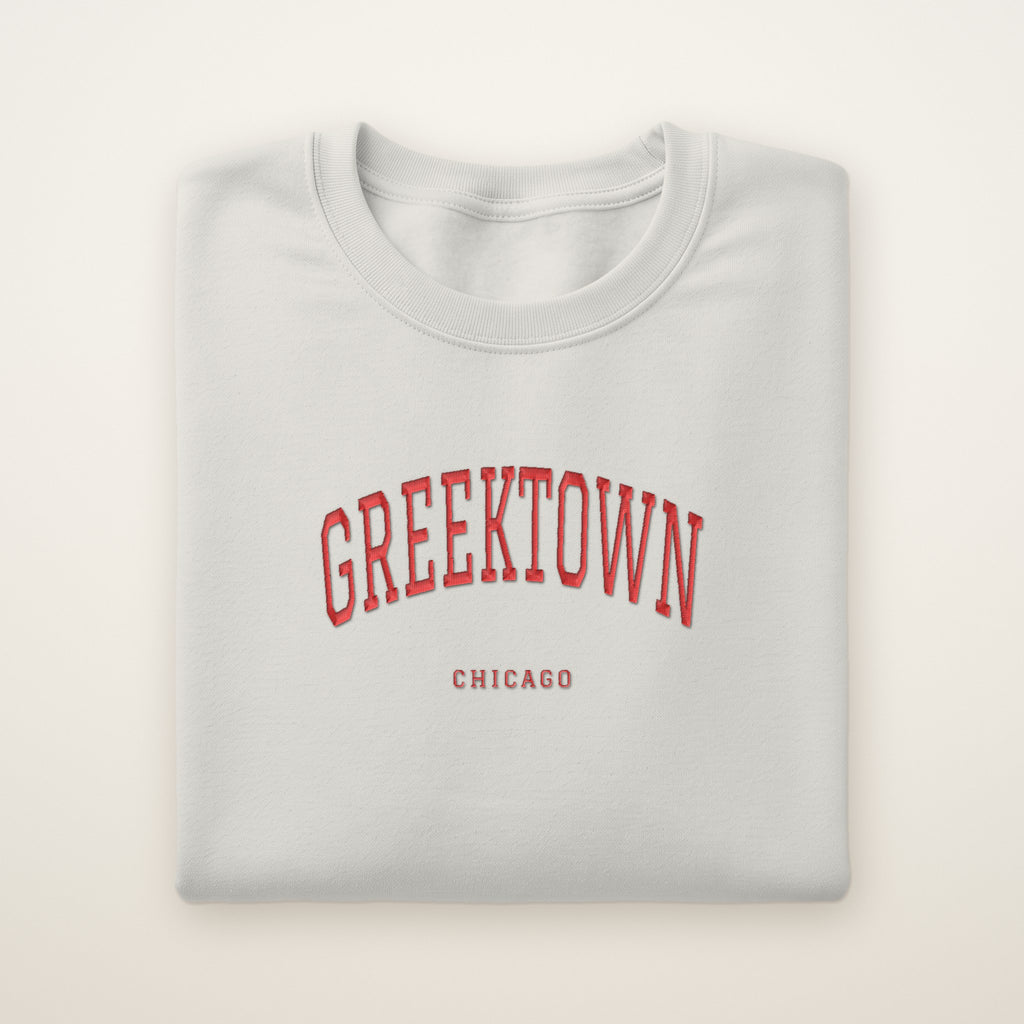 Greektown Chicago Embroidered Crewneck — Red Thread on Ash