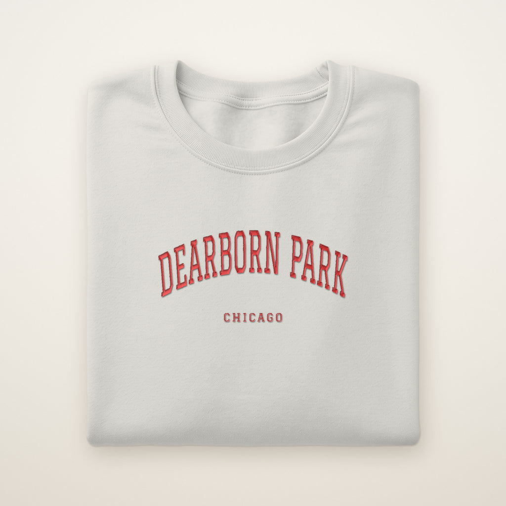Dearborn Park Chicago Embroidered Crewneck — Red Thread on Ash