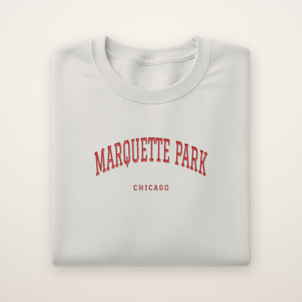 Marquette Park Chicago Embroidered Crewneck — Red Thread on Ash