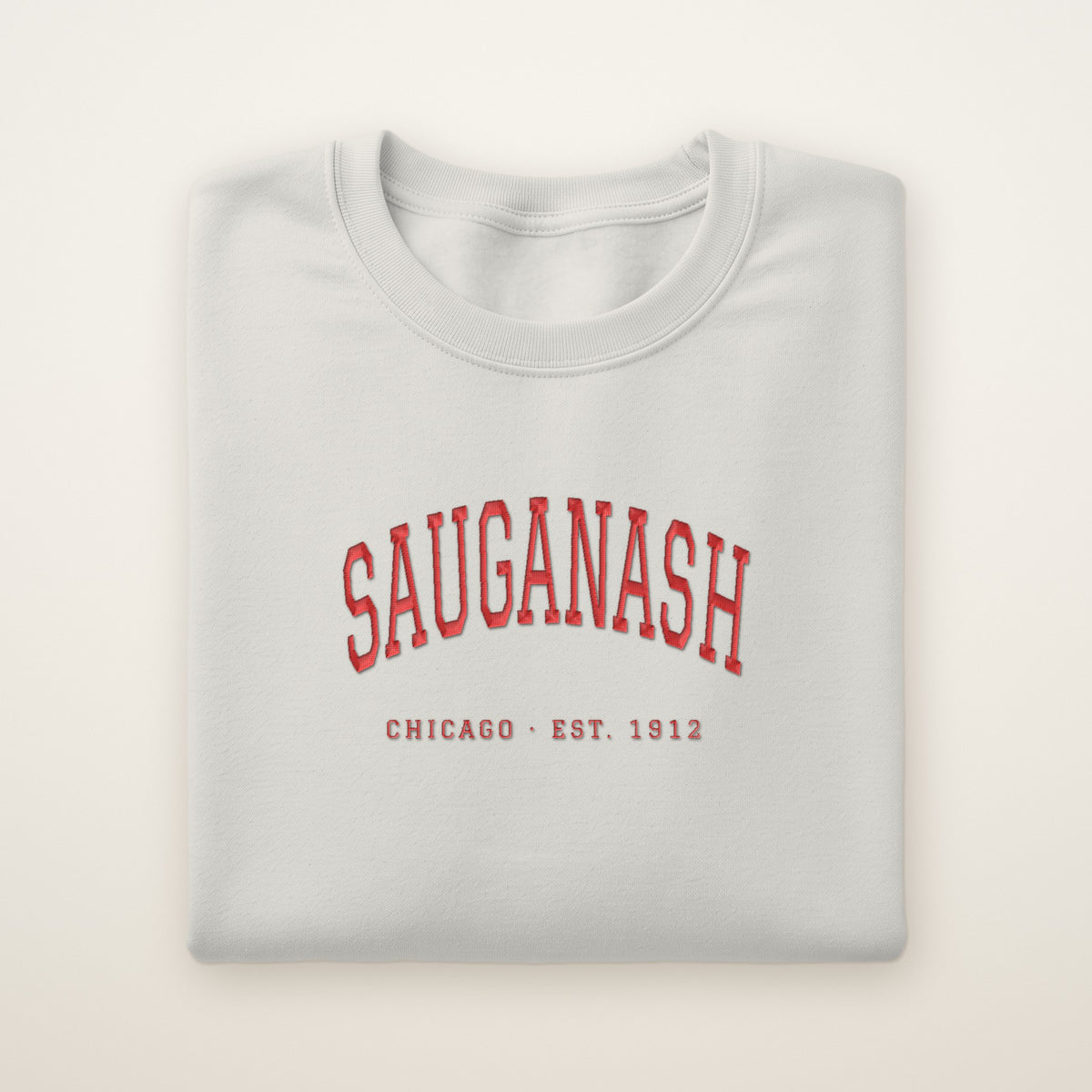 Sauganash Chicago Embroidered Crewneck — Red Thread on Ash