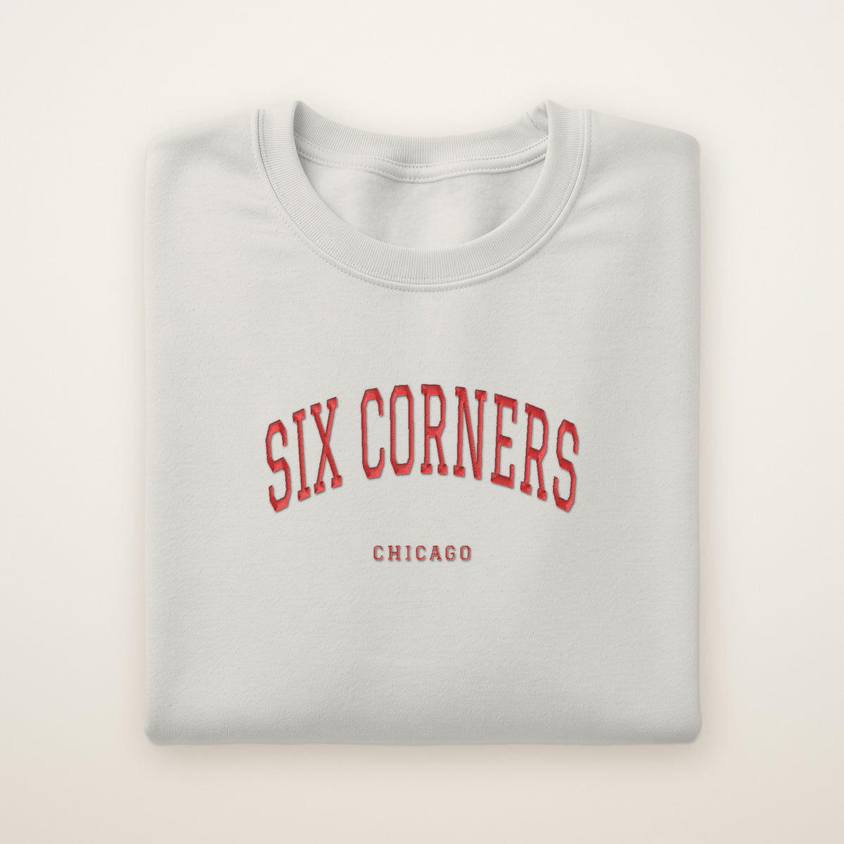 Six Corners Chicago Embroidered Crewneck — Red Thread on Ash