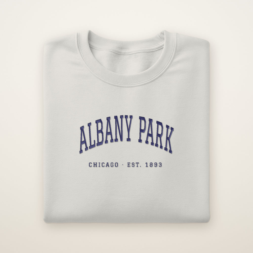 Albany Park Chicago Embroidered Crewneck — Navy Thread on Ash