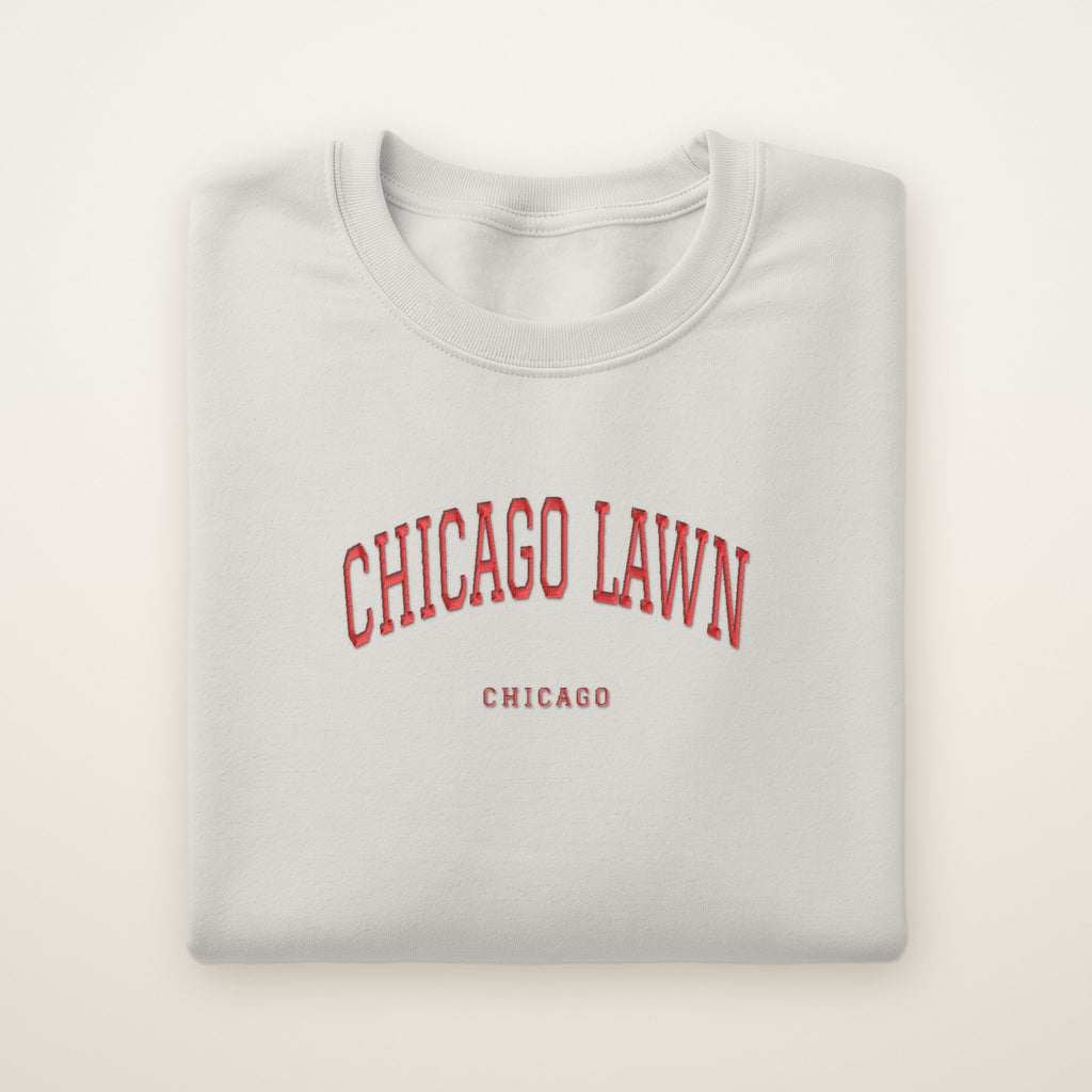 Chicago Lawn Chicago Embroidered Crewneck — Red Thread on Ash