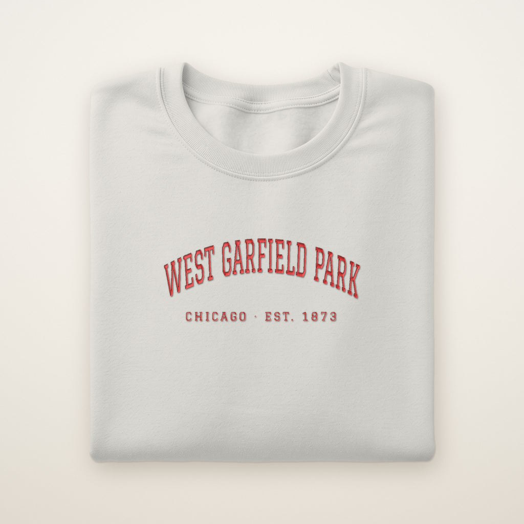 West Garfield Park Chicago Embroidered Crewneck — Red Thread on Ash