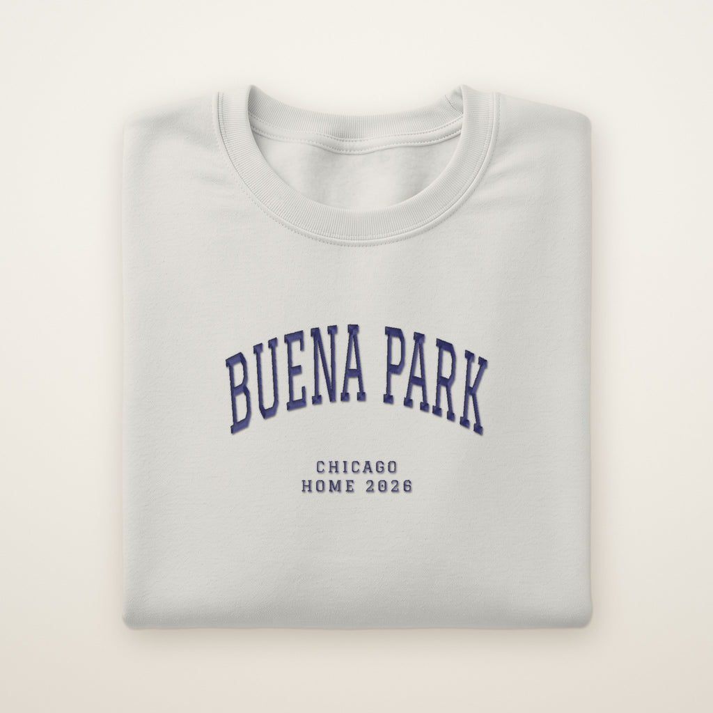 Buena Park Chicago Home 2026 Embroidered Crewneck — Navy Thread on Ash