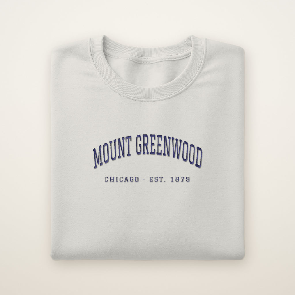 Mount Greenwood Chicago Embroidered Crewneck — Navy Thread on Ash