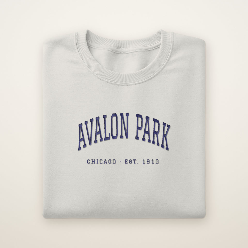 Avalon Park Chicago Embroidered Crewneck — Navy Thread on Ash