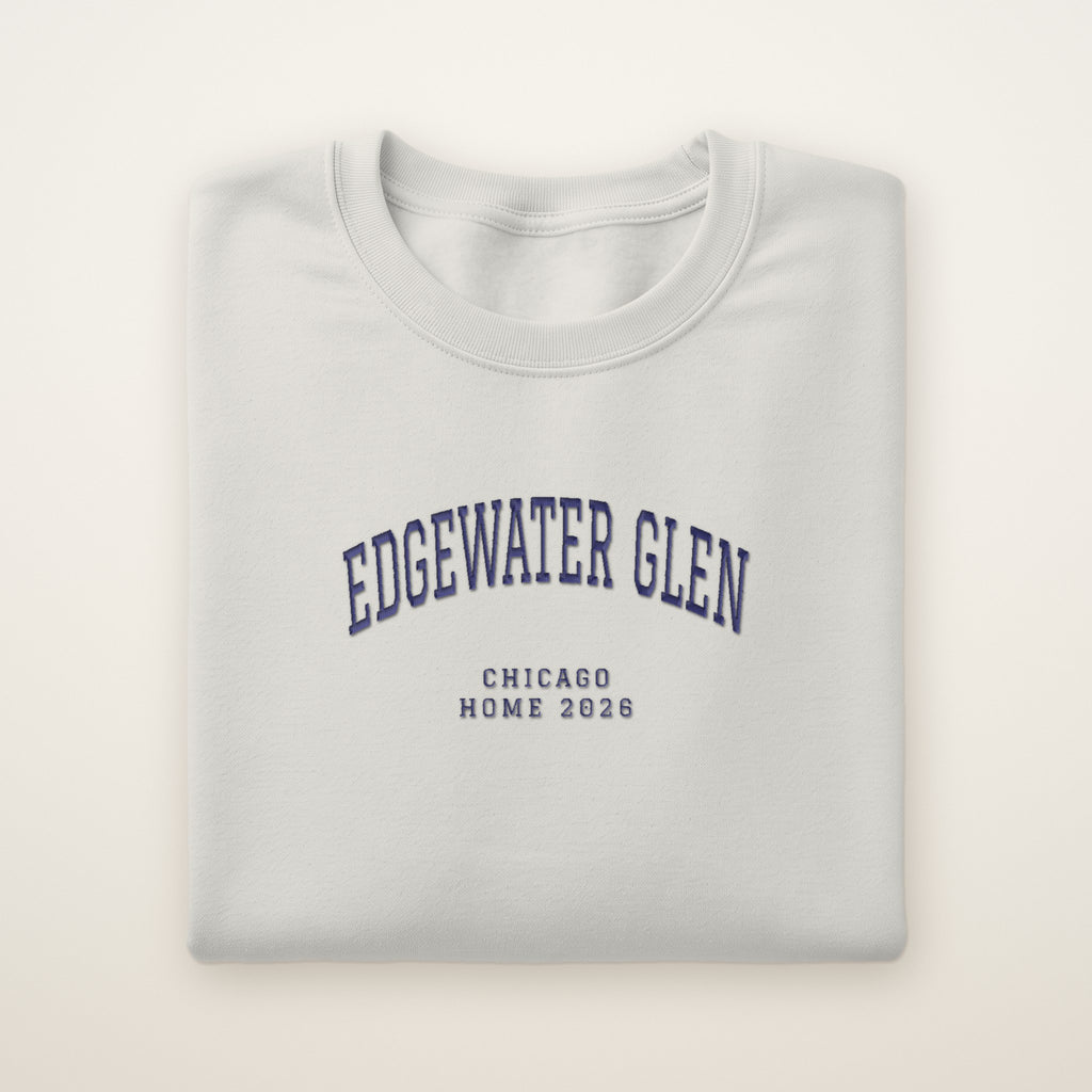 Edgewater Glen Chicago Home 2026 Embroidered Crewneck — Navy Thread on Ash