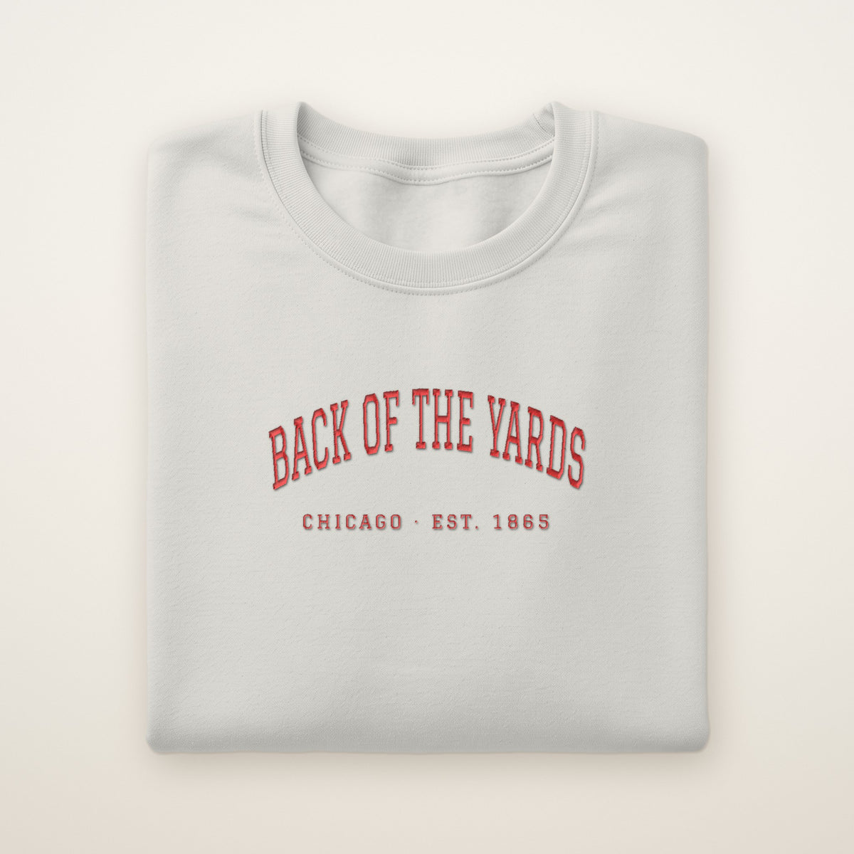 Back of the Yards Chicago Embroidered Crewneck — Red Thread on Ash